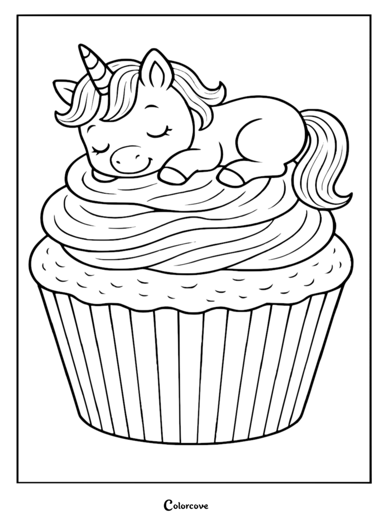 A cute unicorn sleeping on top of a large frosted cupcake in this printable coloring page.