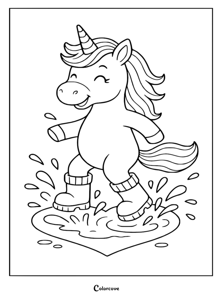 Cute unicorn wearing rain boots jumping in a heart-shaped puddle, printable coloring page.