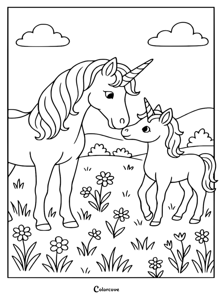 A mother unicorn and her foal nuzzling in a flower meadow coloring page.