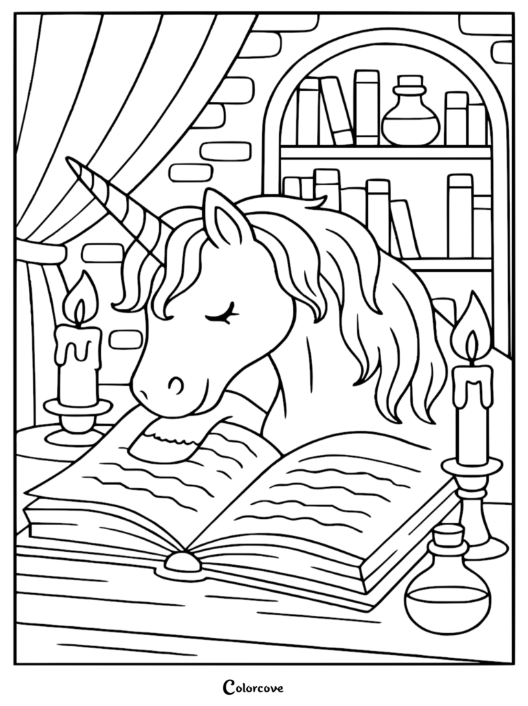 A cute unicorn reading a book in a library with candles and potions on a printable coloring page.