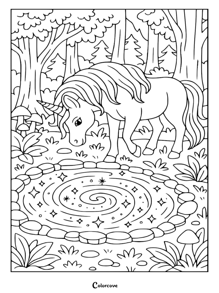 Cute unicorn looking into a magical sparkling pond in a forest setting, printable coloring page.
