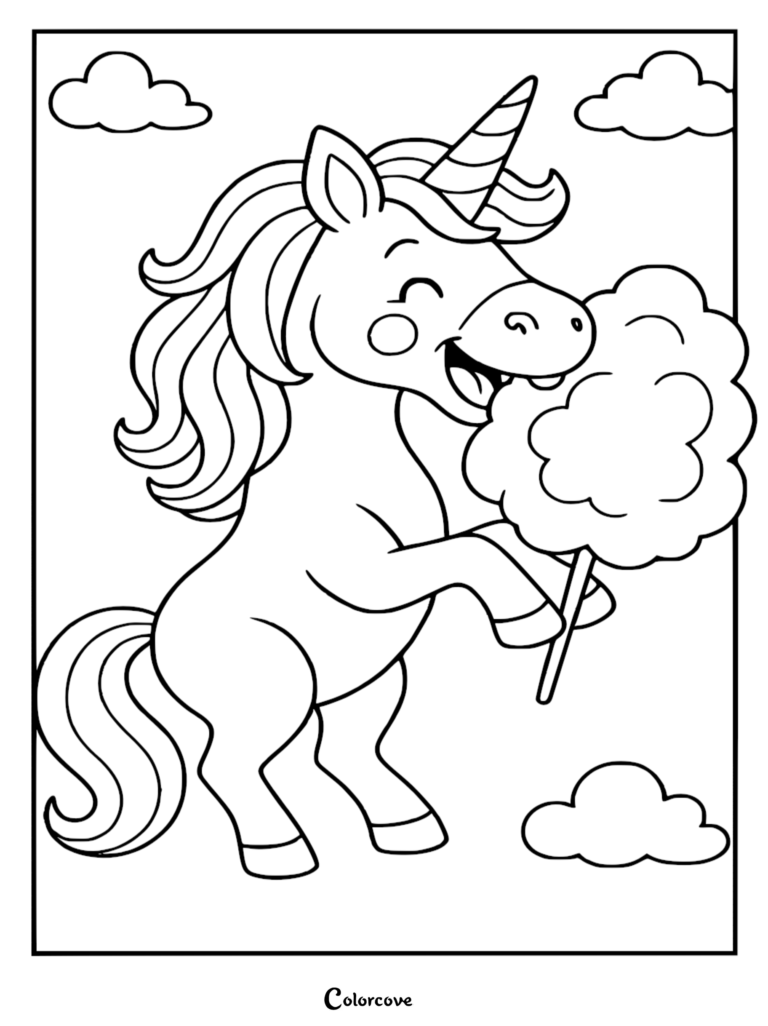 A happy unicorn holding and eating a large stick of cotton candy in this free printable coloring page.
