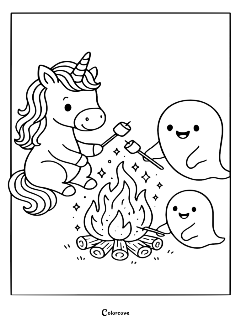 A cute unicorn and two friendly ghosts roasting marshmallows over a campfire in this printable coloring page.