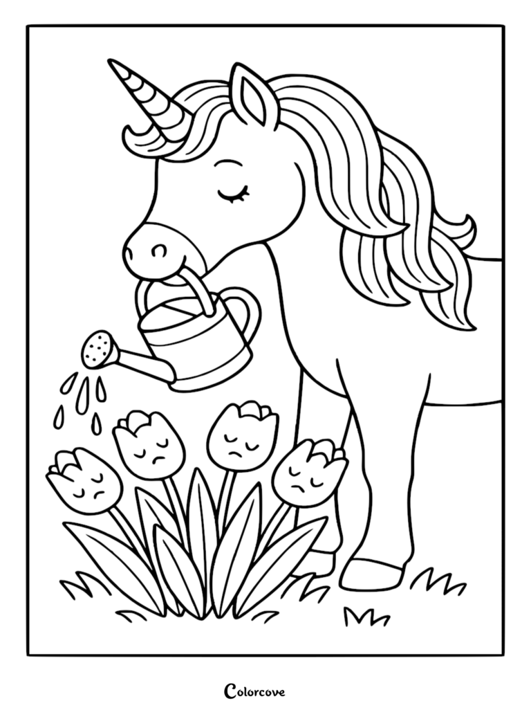 A cute unicorn holding a watering can in its mouth to water a patch of sleepy tulips in this free printable coloring page.