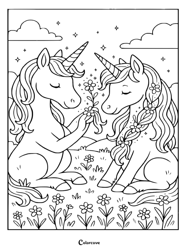 Two cute unicorns sitting in a flower meadow sharing a bouquet on this free printable coloring page.