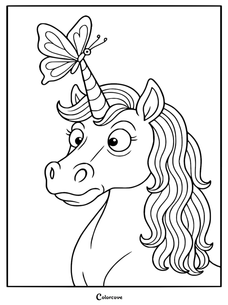 A cute unicorn with a butterfly perched on its horn in this free printable coloring page.