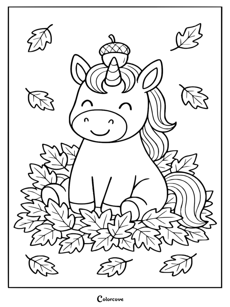 A cute unicorn with an acorn on its horn sitting in a pile of autumn leaves, printable coloring page.