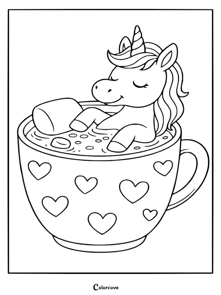 A cute unicorn relaxing in a heart-patterned mug filled with hot cocoa and marshmallows, printable coloring page.