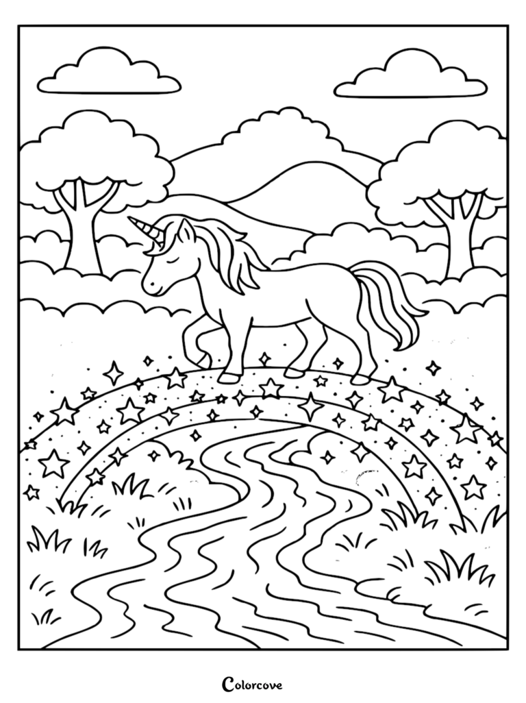 A cute unicorn walking across a star-filled rainbow bridge in a magical landscape, featured in a free printable coloring page.