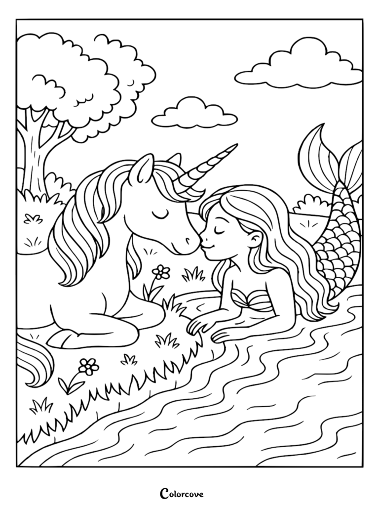 A cute unicorn and mermaid touching noses by a river in this free printable unicorn coloring page 71.