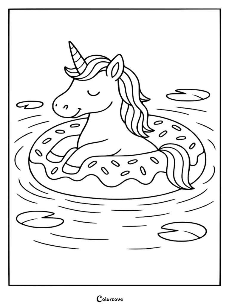 A cute unicorn relaxing on a donut-shaped pool float in a pond with lily pads, printable coloring page.
