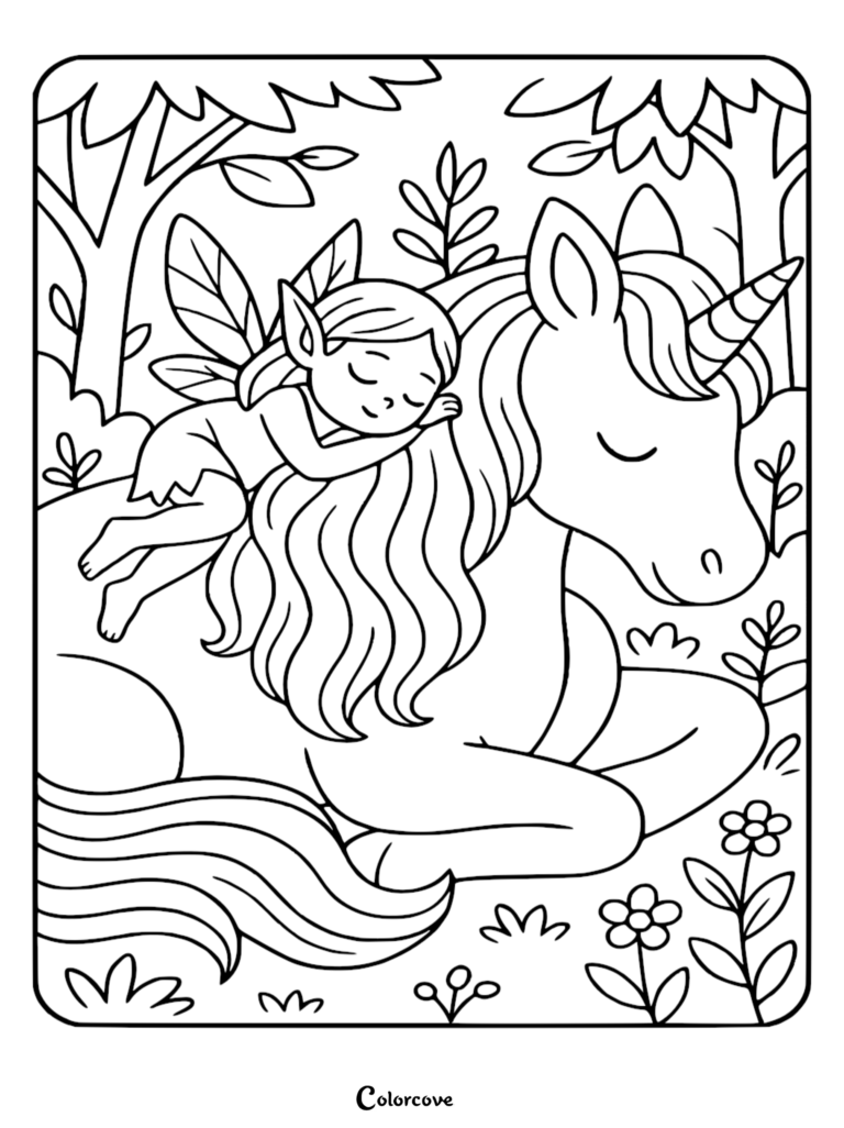 A cute unicorn and a small fairy sleeping together in a forest, printable coloring page for kids.