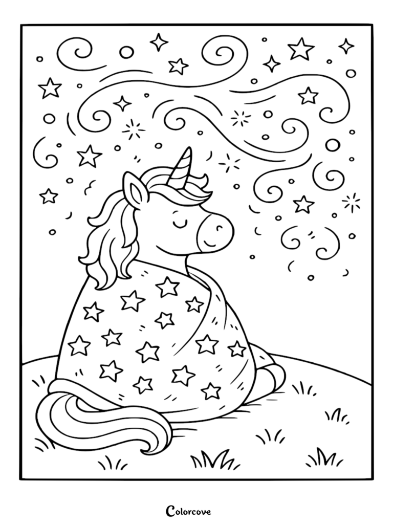 A cute unicorn wrapped in a star-patterned blanket sitting under a starry night sky in this free printable coloring page.
