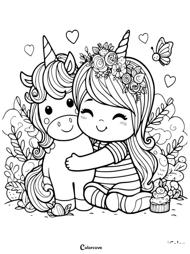 A girl with a flower crown hugging a cute unicorn in a garden, featured on a free printable coloring page.