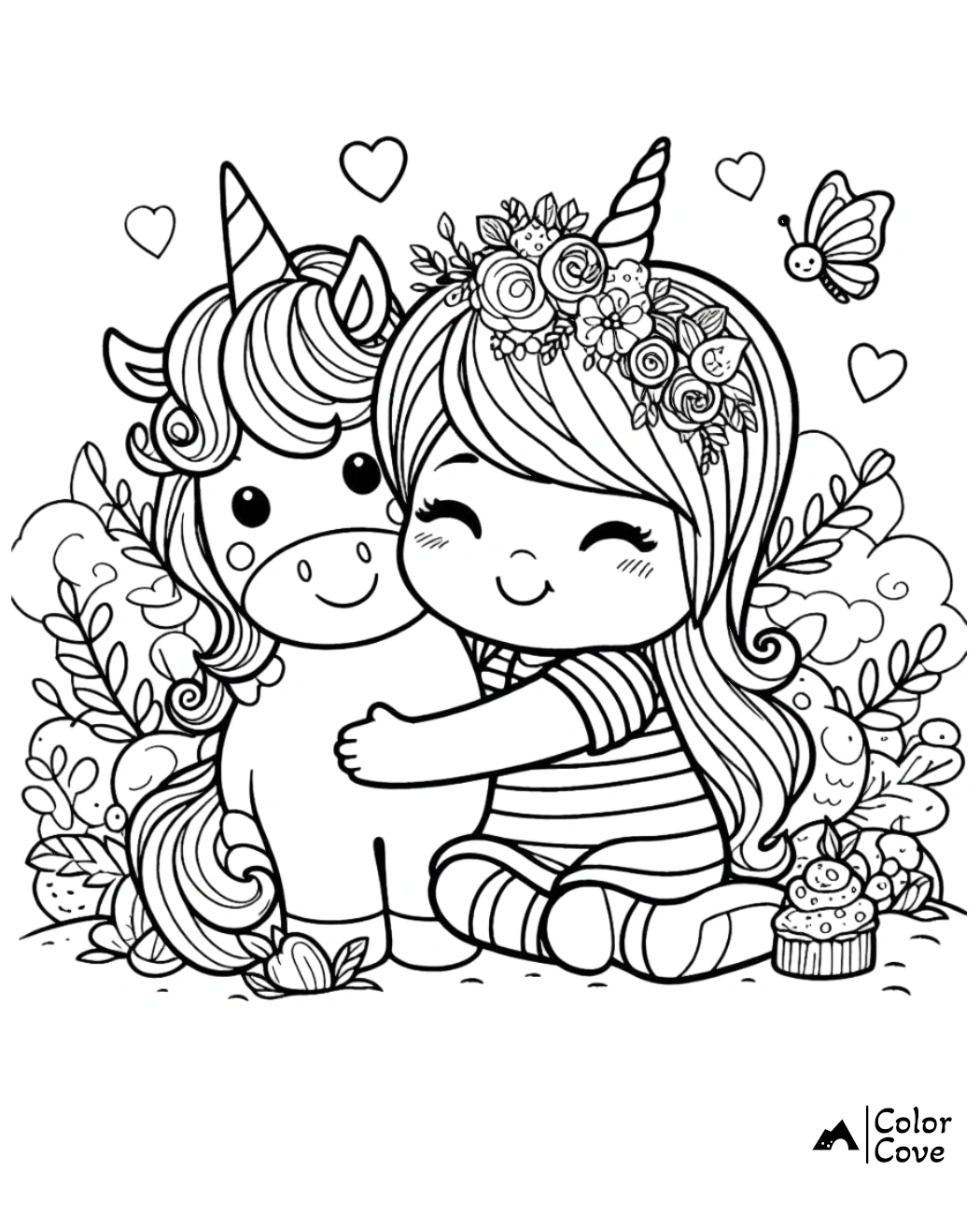 Coloring page featuring a girl in a flower crown hugging a unicorn, surrounded by hearts, a butterfly, and flowers.