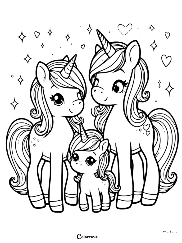 A cute unicorn family consisting of two adult unicorns and a baby unicorn standing together in this printable coloring page surrounded by hearts and stars.