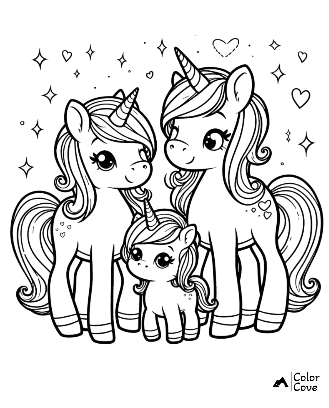 Cute unicorn family coloring page for kids featuring adorable magical unicorns with hearts and stars. Printable activity sheet.