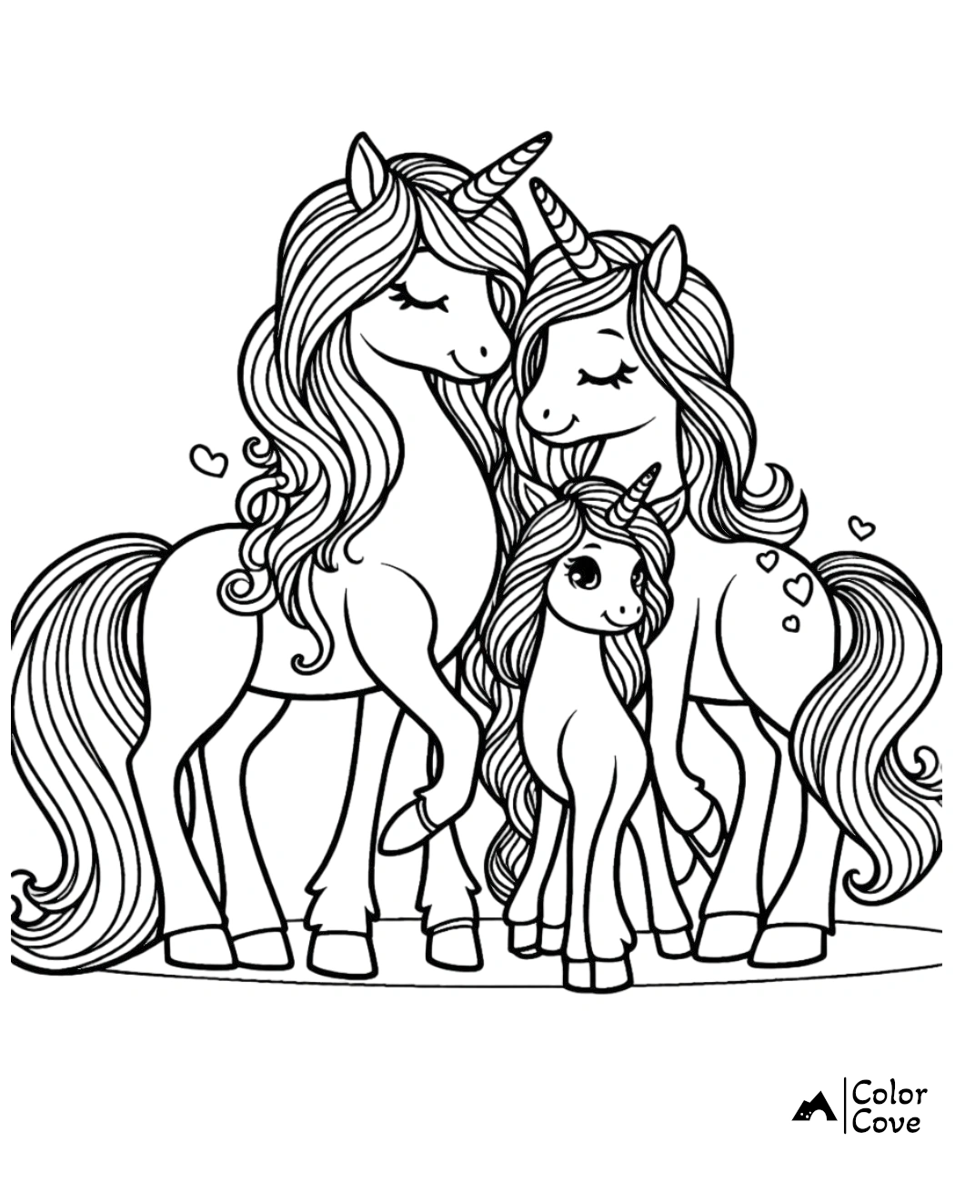 Unicorn family coloring page featuring two parent unicorns and a baby unicorn with hearts. Fun for kids and adults!