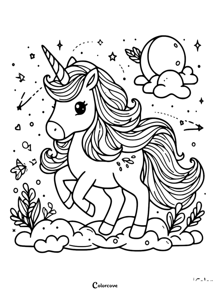 A cute unicorn standing on clouds under a crescent moon and stars in this printable coloring page sheet 12.