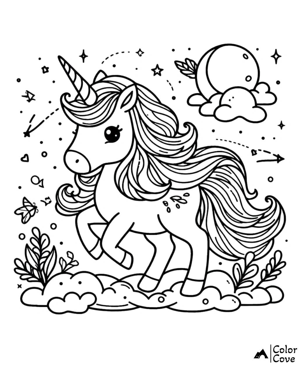 Whimsical unicorn coloring page with clouds, stars, and nature elements. Printable for kids' creative fun.