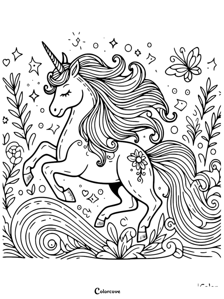 Cute unicorn with a floral hip tattoo and flowing mane in a magical garden, printable coloring page.