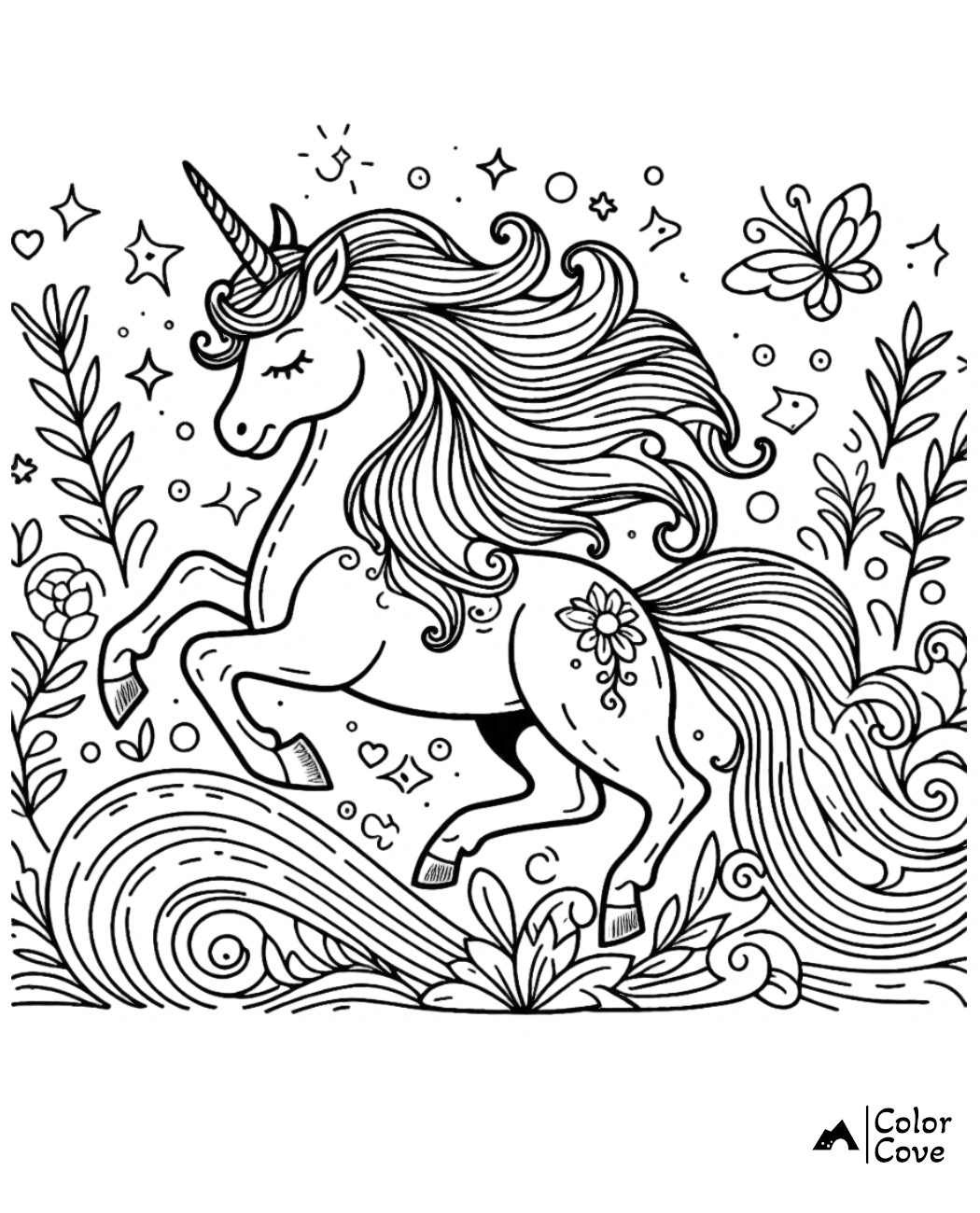 Coloring page of a majestic unicorn prancing among flowers, stars, and butterflies. Perfect for kids' and adults' creative fun.