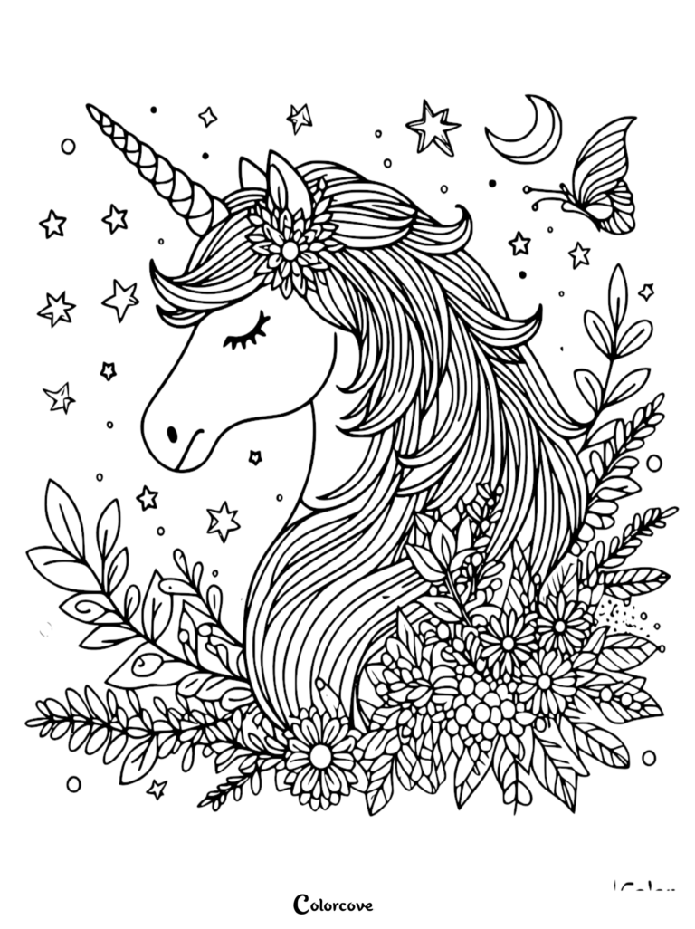 Unicorn Coloring Pages Free Printable Sheet 14 featuring a unicorn head with a floral crown, stars, moon, and butterfly.