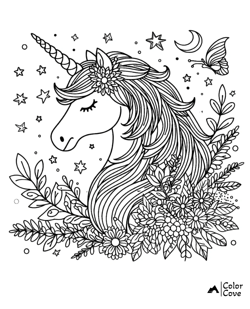 Unicorn coloring page with floral designs, stars, and a butterfly. Ideal for kids and adults who love mythical creatures.