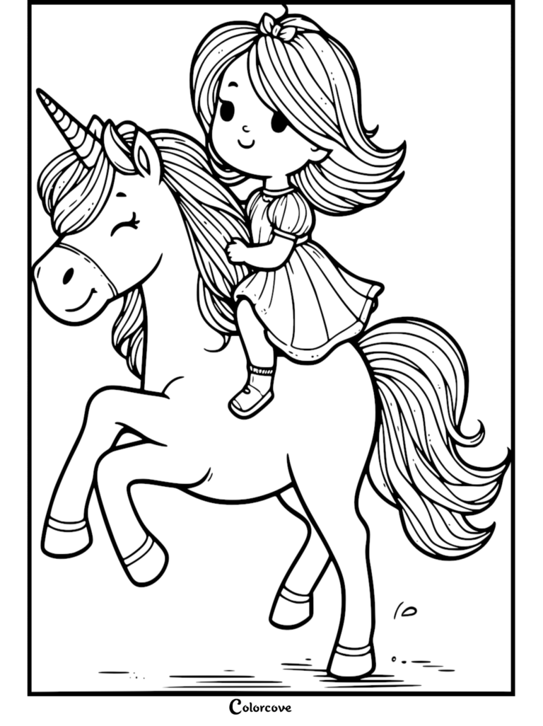 A cute girl with a bow in her hair riding a unicorn, printable coloring page sheet 15.