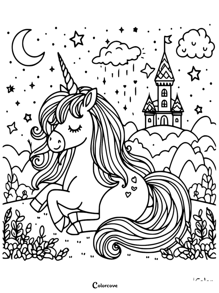 Cute unicorn resting in a meadow with a castle, moon, and stars in this free printable coloring page sheet 16.