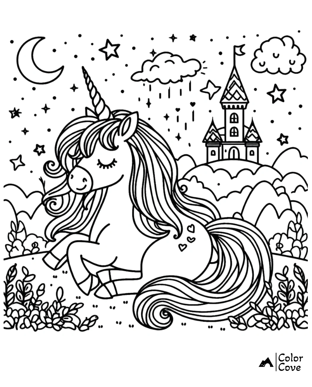 Unicorn coloring page with a castle in the background, stars, clouds, crescent moon, and lush greenery. Perfect for kids.