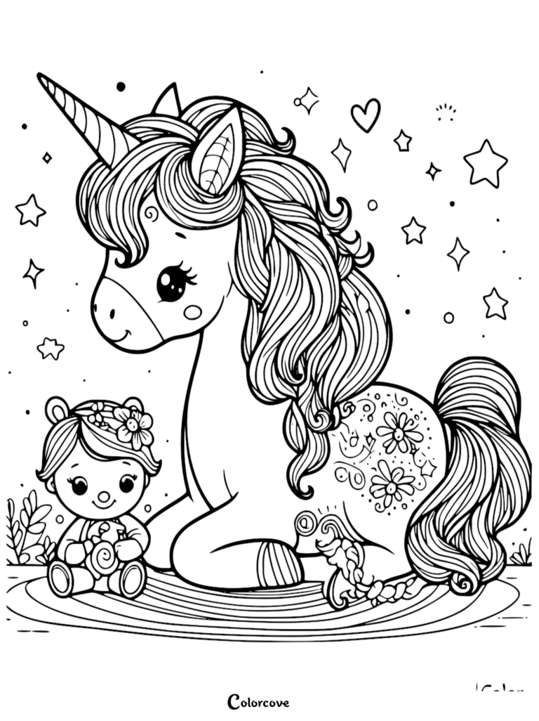 A cute unicorn with a floral pattern on its flank sitting next to a small doll in this free printable coloring page.