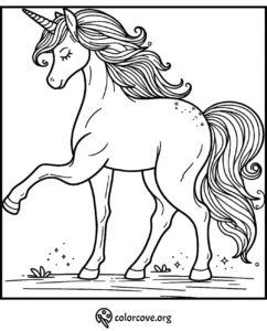 Child with unicorn coloring page, featuring intricate designs, stars, and leaves, from Color Cove. Ideal for kids' creativity.