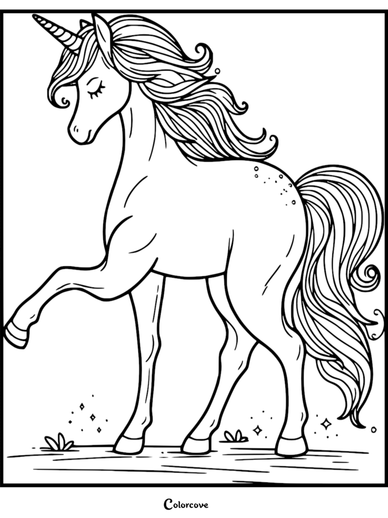 A graceful unicorn with a flowing mane and tail standing on one leg in a magical meadow, featured on a free printable coloring page.