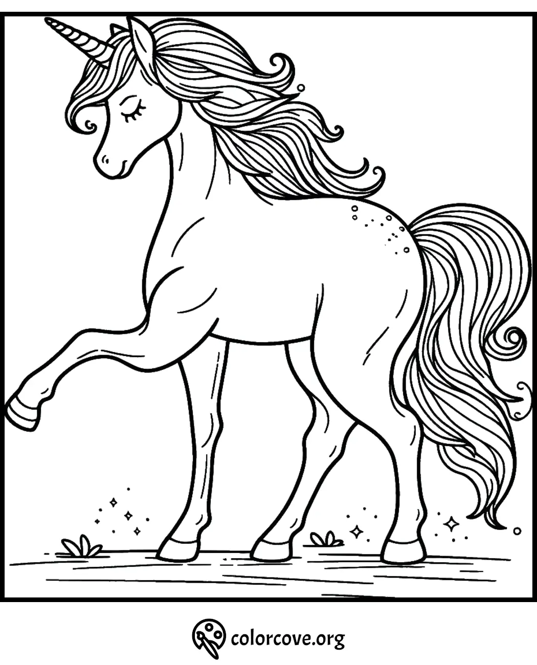 Child with unicorn coloring page, featuring intricate designs, stars, and leaves, from Color Cove. Ideal for kids' creativity.