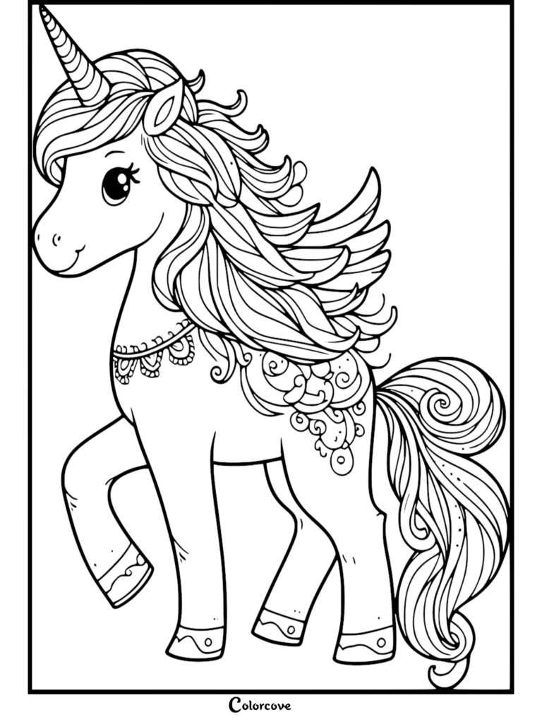 A cute unicorn with a flowing mane and decorative necklace on a printable coloring page.