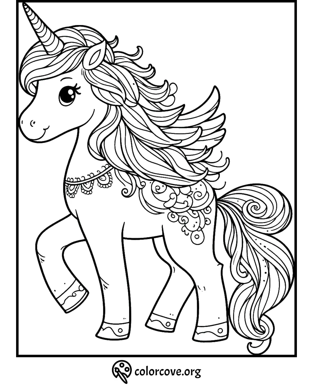 Coloring page featuring a boy sitting with a unicorn among stars, clouds, and flowers, perfect for kids' creative activities.