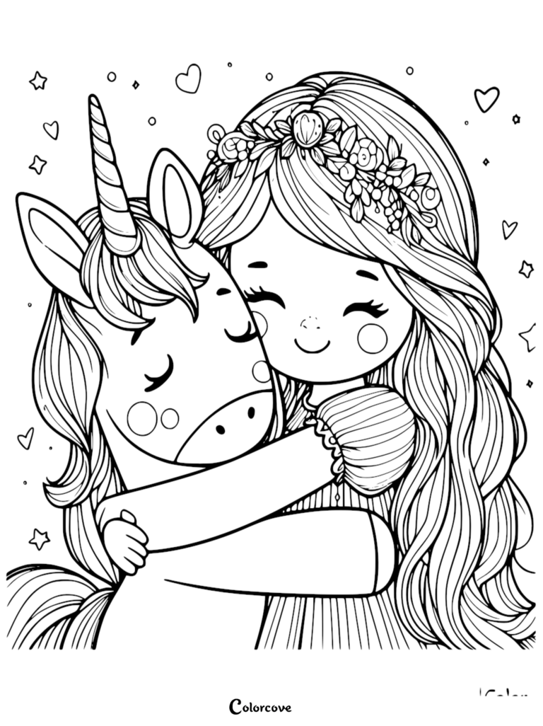 A girl with a flower crown hugging a cute unicorn in this printable coloring page sheet.
