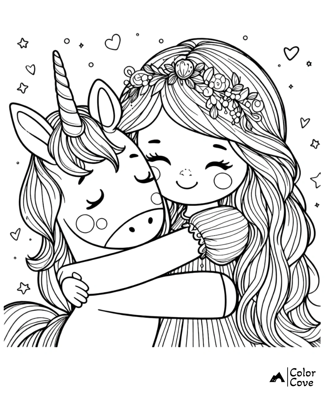 Cute coloring page of a girl with long hair hugging a unicorn, surrounded by hearts and stars. Perfect for kids.