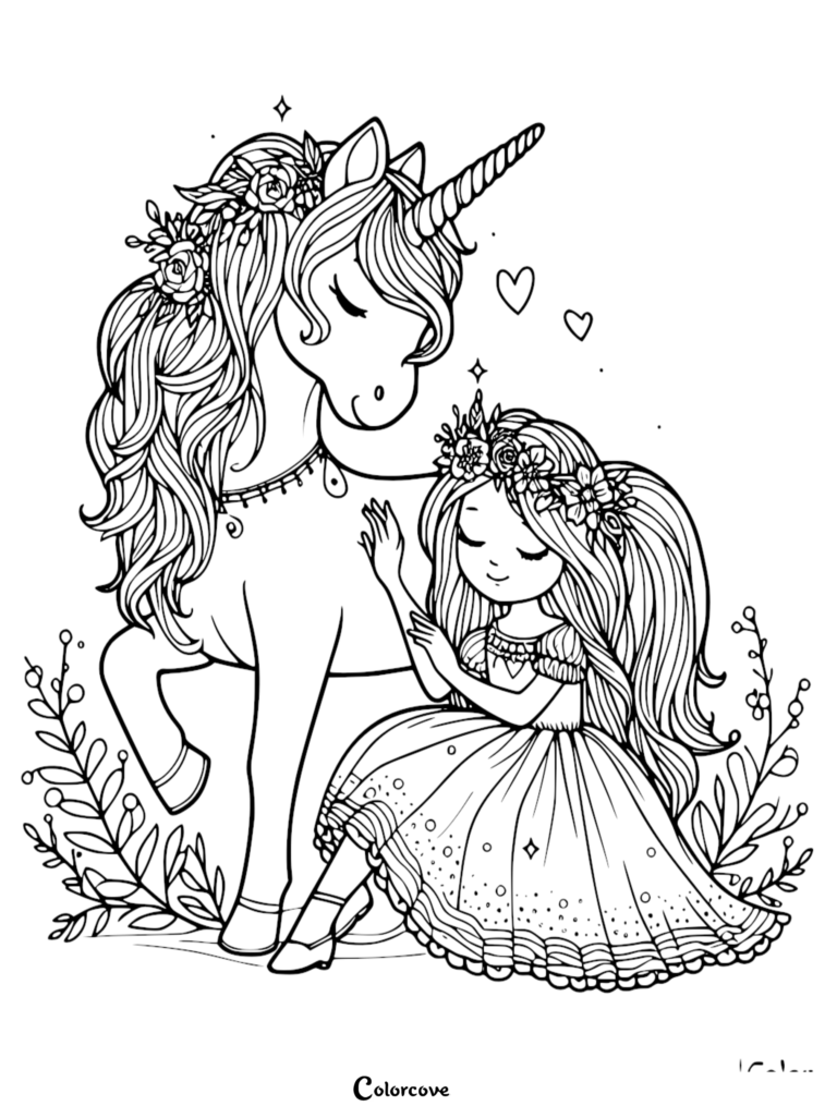 A cute unicorn and a girl wearing a flower crown in a garden, detailed line art coloring page.