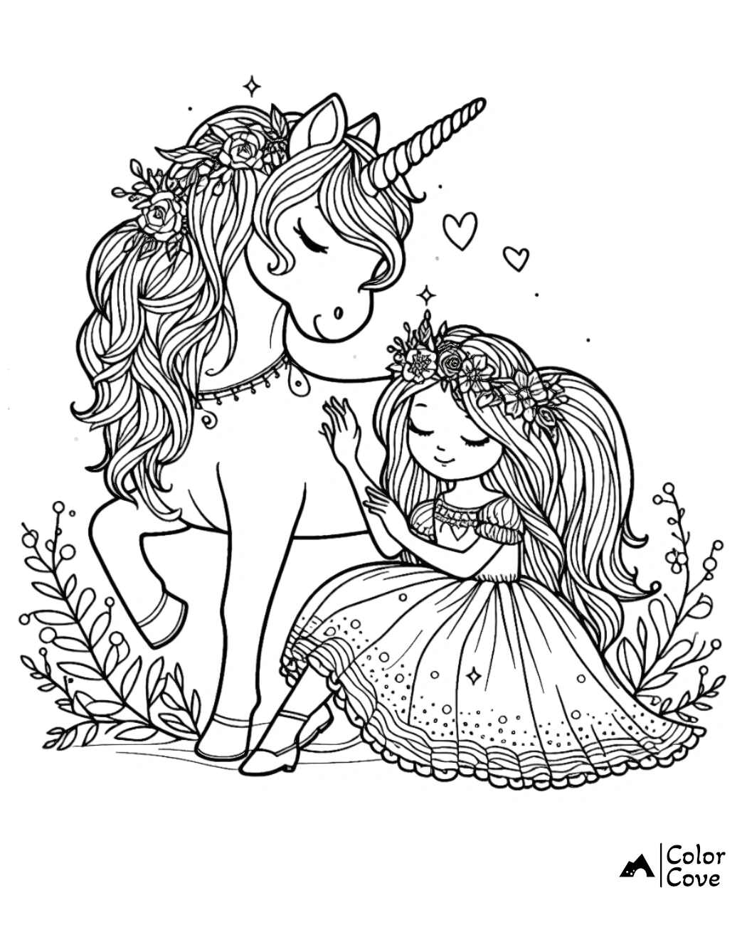 Coloring page of a girl with long hair in a dress hugging a unicorn with floral decorations, surrounded by hearts and plants.