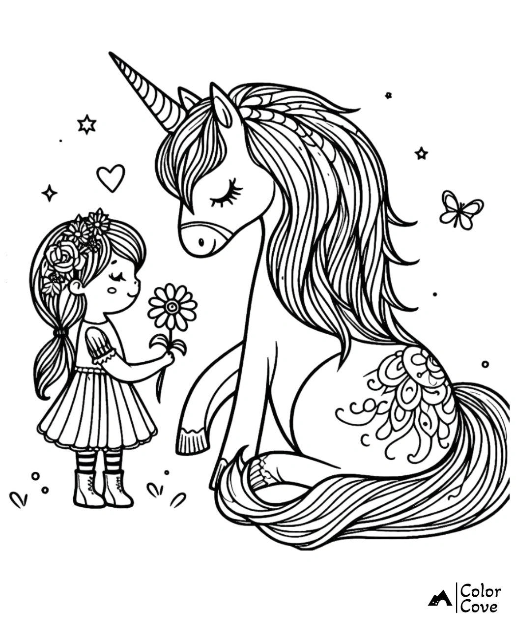 Coloring page of a girl offering a flower to a seated unicorn with stars, a heart, and a butterfly in the background.