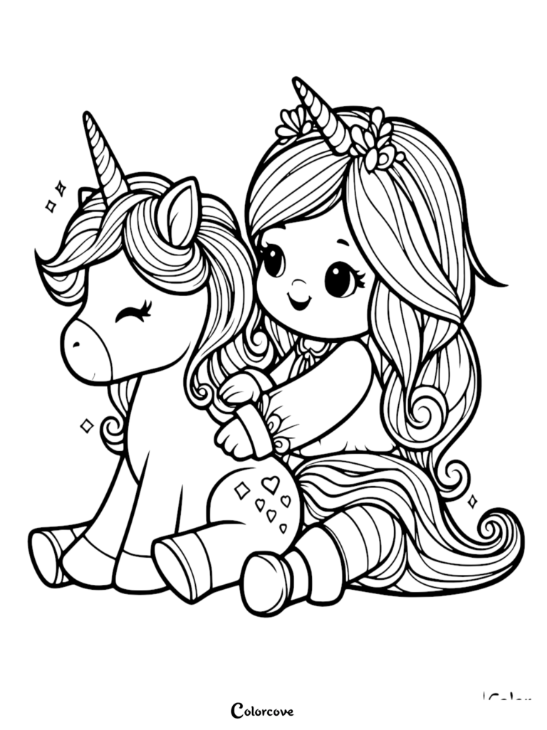 A cute girl with a unicorn horn headband hugging a winking unicorn in this printable coloring page.
