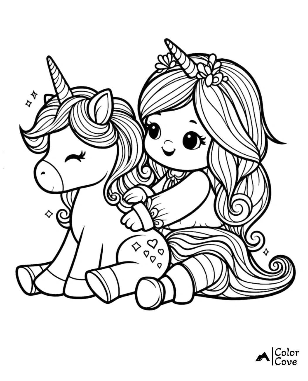 Unicorn and little girl coloring page – cute cartoon characters with detailed line art for kids' coloring activities.