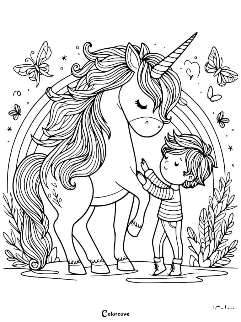 A cute unicorn coloring page featuring a young boy gently touching a unicorn under a rainbow with butterflies.
