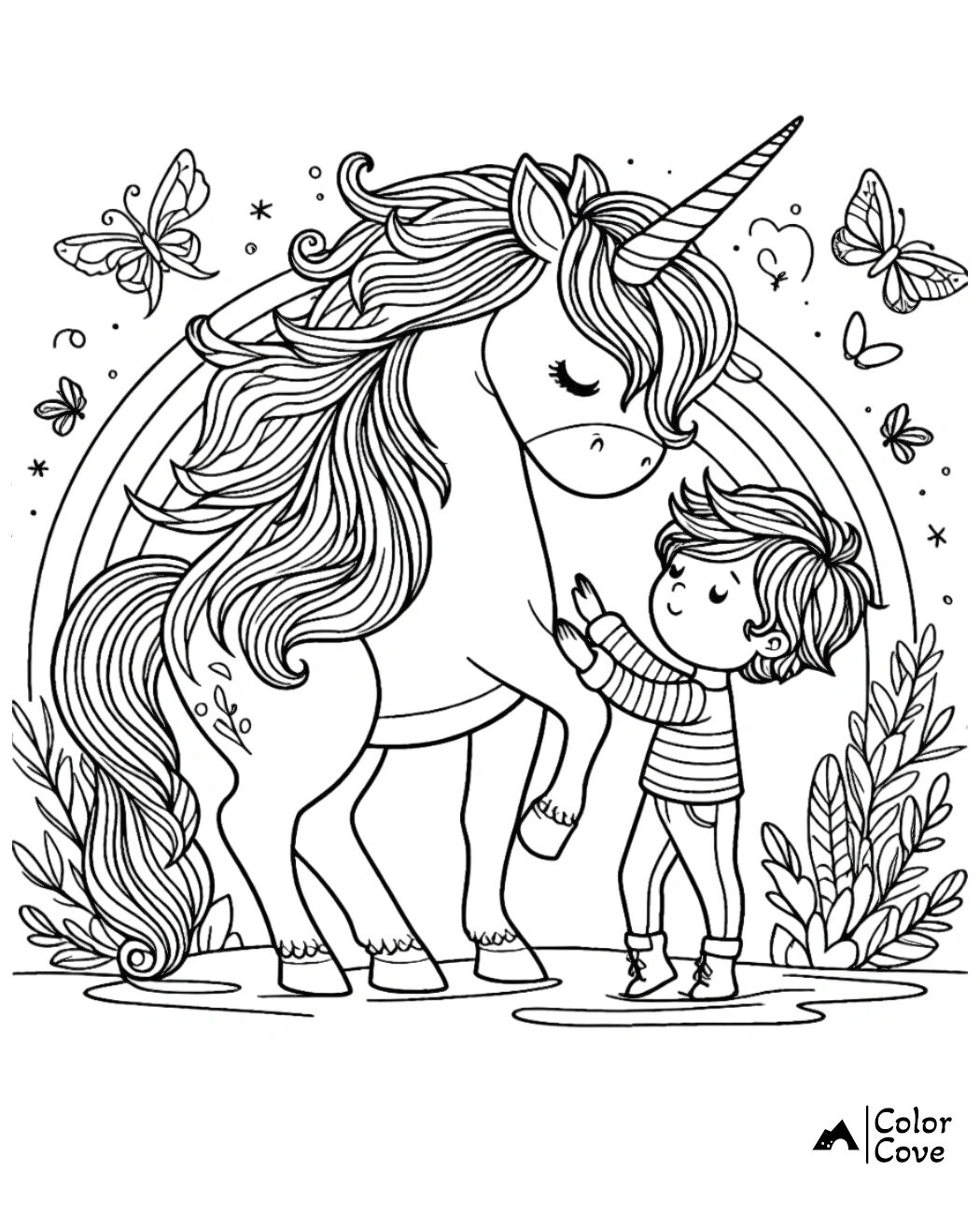 Child hugging a unicorn coloring page with butterflies, rainbow, and plants. Printable, kid-friendly fantasy art.