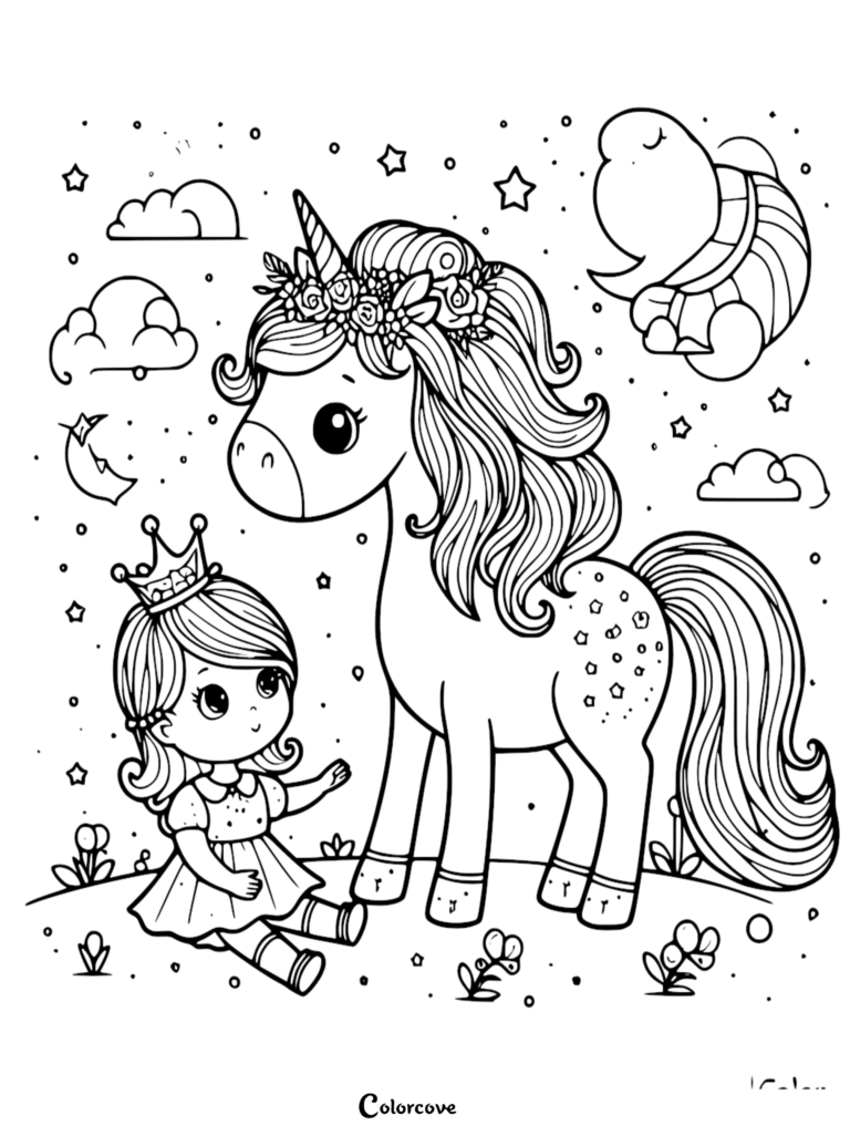 A cute unicorn with a floral crown and a little princess in a crown sitting together in a starry meadow on this free printable coloring page.