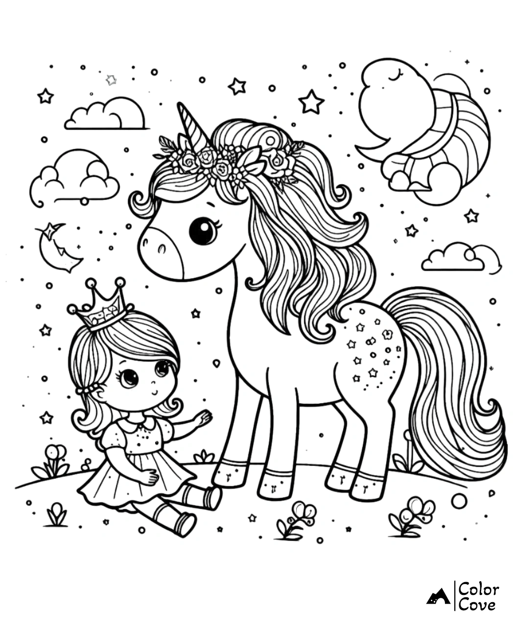 Princess sitting with unicorn in magical forest, surrounded by stars and clouds. Cute coloring page for kids.