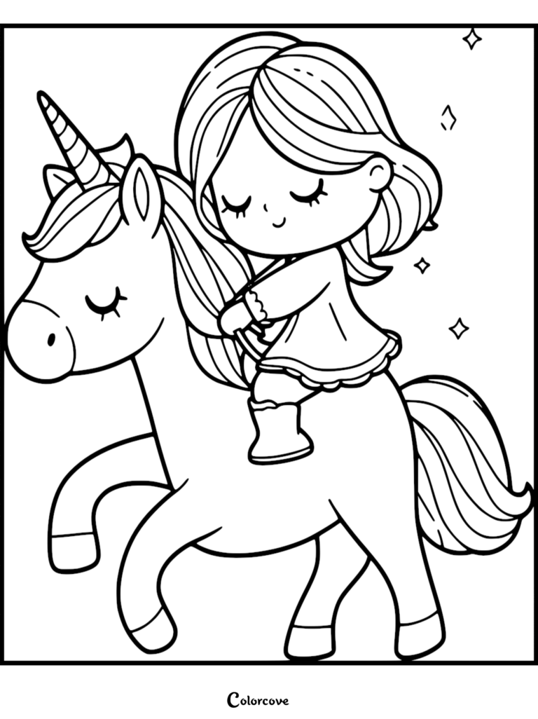 A cute girl riding a unicorn in this printable coloring page featuring stars in the background.