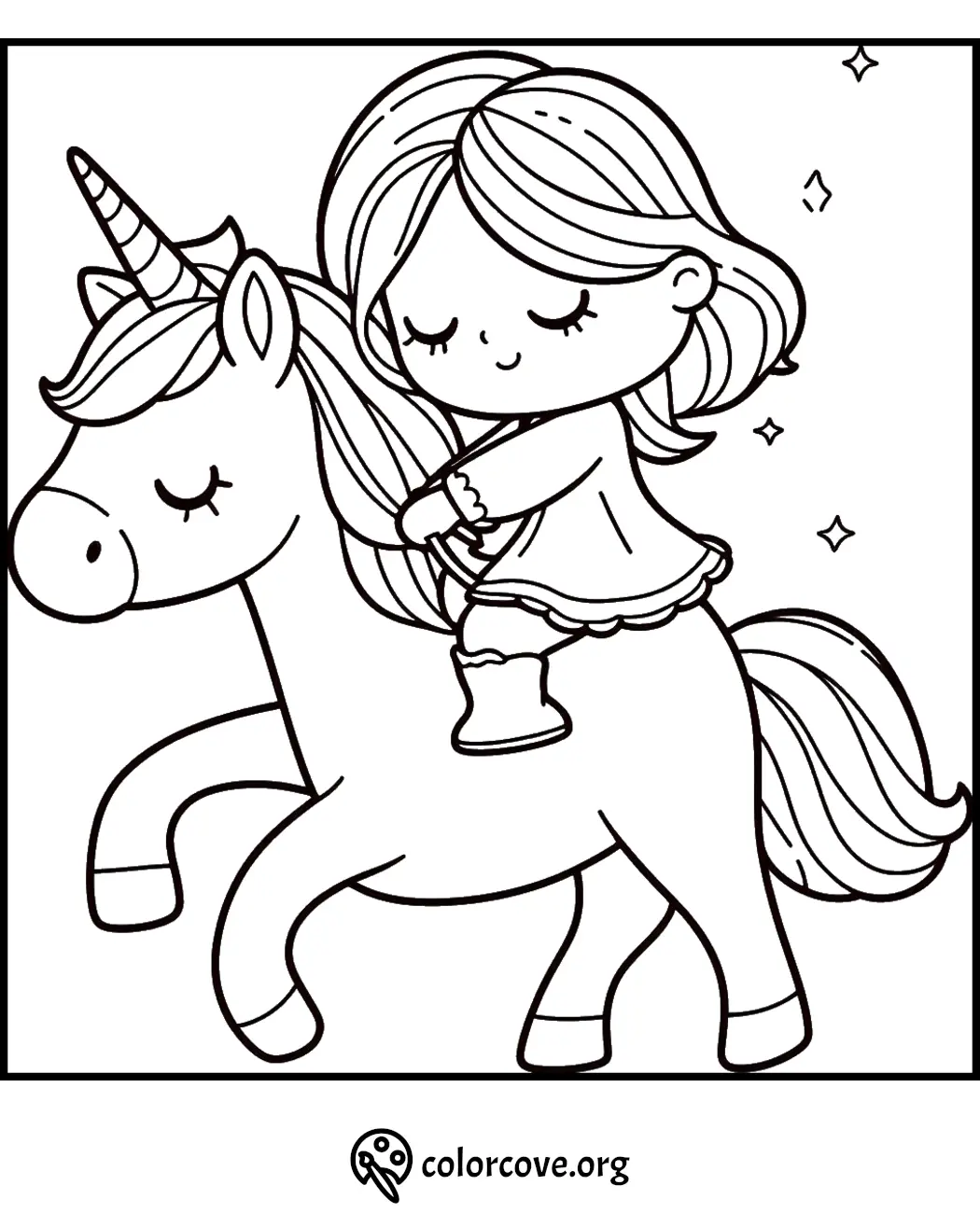 Coloring page of a unicorn with flowing mane and flowers, surrounded by stars, rainbows, and butterflies.